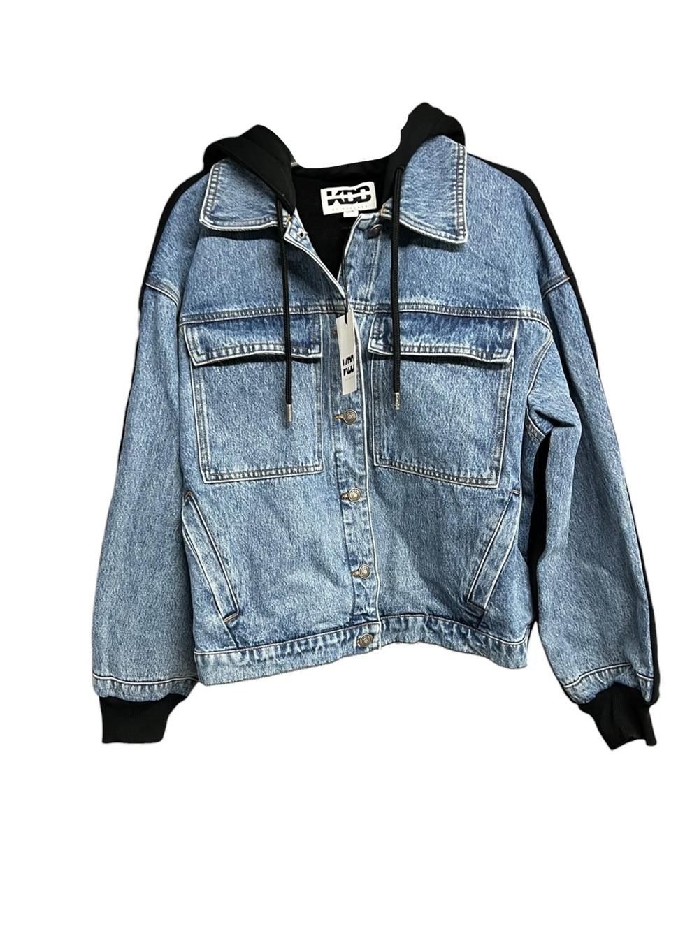 🌻NEW w/tag KBB by Kahlana Denim Jacket Hoodie Black Fleece Sleeves size Large - Picture 3 of 7